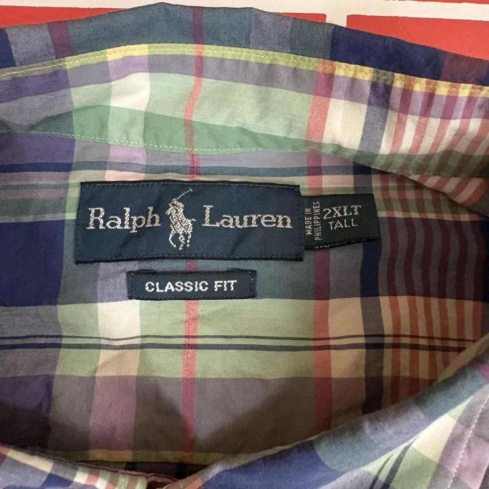 Ralph Lauren Madras Plaid Shirt Mens 2XLT Big Tall Cotton Short Sleeve Button-Up